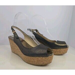 Jimmy Choo Gold & Denim Leather Sling Back Peep Toe Wedges 9B NWOB *Dust Bag Inc